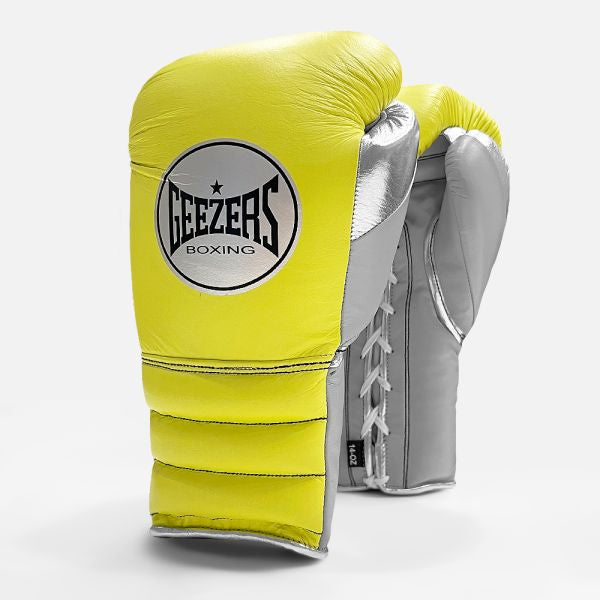 Geezers Halo Training/Sparring Boxing Gloves - Lace Pop Yellow, grey & Silver 16oz